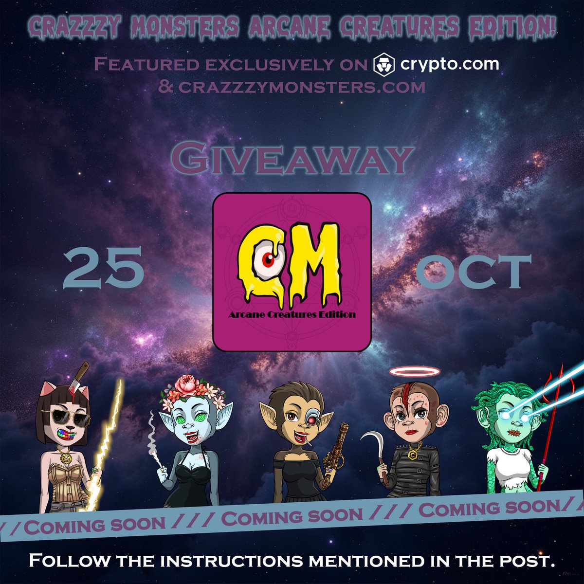 🎁 Crazzzy Monsters #GIVEAWAY

🏆 1 x CM Arcane Creatures Edition

⏰ 72H

💥 Are you ready for CM dropping soon on <a href="/cryptocomnft/">Crypto.com NFT</a> 😍
💥 Join The movement here: crypto.com/nft/drops-even… 😉🚀
💥 Coming soon (25th october) 🪄

✅ To win:
1️⃣ Follow @crazzzymonsters &amp;  <a href="/CrononymousNFT/">$CRONON</a>