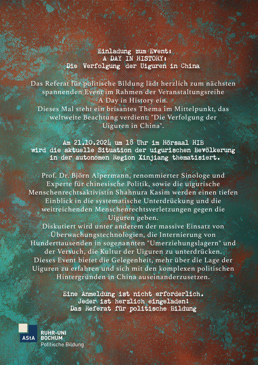 Remote Xuar (@remote_xuar) on Twitter photo "A Day in History: The Persecution of #Uyghurs in #China"
A public discussion with <a href="/BjoernAlpermann/">Björn Alpermann</a> and Uyghur activist Shahnura Kasim, organized by <a href="/AStARUB/">AStARUB</a>, will take place today at 18:00 at <a href="/ruhrunibochum/">Ruhr-Universität Bochum</a> 🇩🇪 Anyone in the area is cordially invited to attend! "A Day in History: The Persecution of #Uyghurs in #China"
A public discussion with <a href="/BjoernAlpermann/">Björn Alpermann</a> and Uyghur activist Shahnura Kasim, organized by <a href="/AStARUB/">AStARUB</a>, will take place today at 18:00 at <a href="/ruhrunibochum/">Ruhr-Universität Bochum</a> 🇩🇪 Anyone in the area is cordially invited to attend!