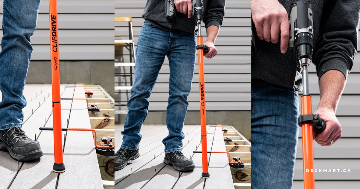 deckmart's tweet photo. Get the job done faster with the @CAMO Fasteners ClipDrive!
Stand comfortably while fastening grooved decking with ease. Lightweight, easy to use, and perfect for any crew—just attach to your drill and go!

Visit our showroom or shop https://t.co/BV954rm6ey  to explore more! https://t.co/l2EdRR7its