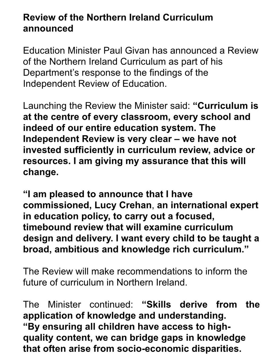 Northern Ireland <a href="/Education_NI/">Education NI</a> minister <a href="/paulgivan/">Paul Givan</a> has commissioned <a href="/lucy_crehan/">Lucy Crehan</a> to carry out a review of curriculum design and delivery with the ambition, “for every child to be taught a broad, ambitious and knowledge rich curriculum…”