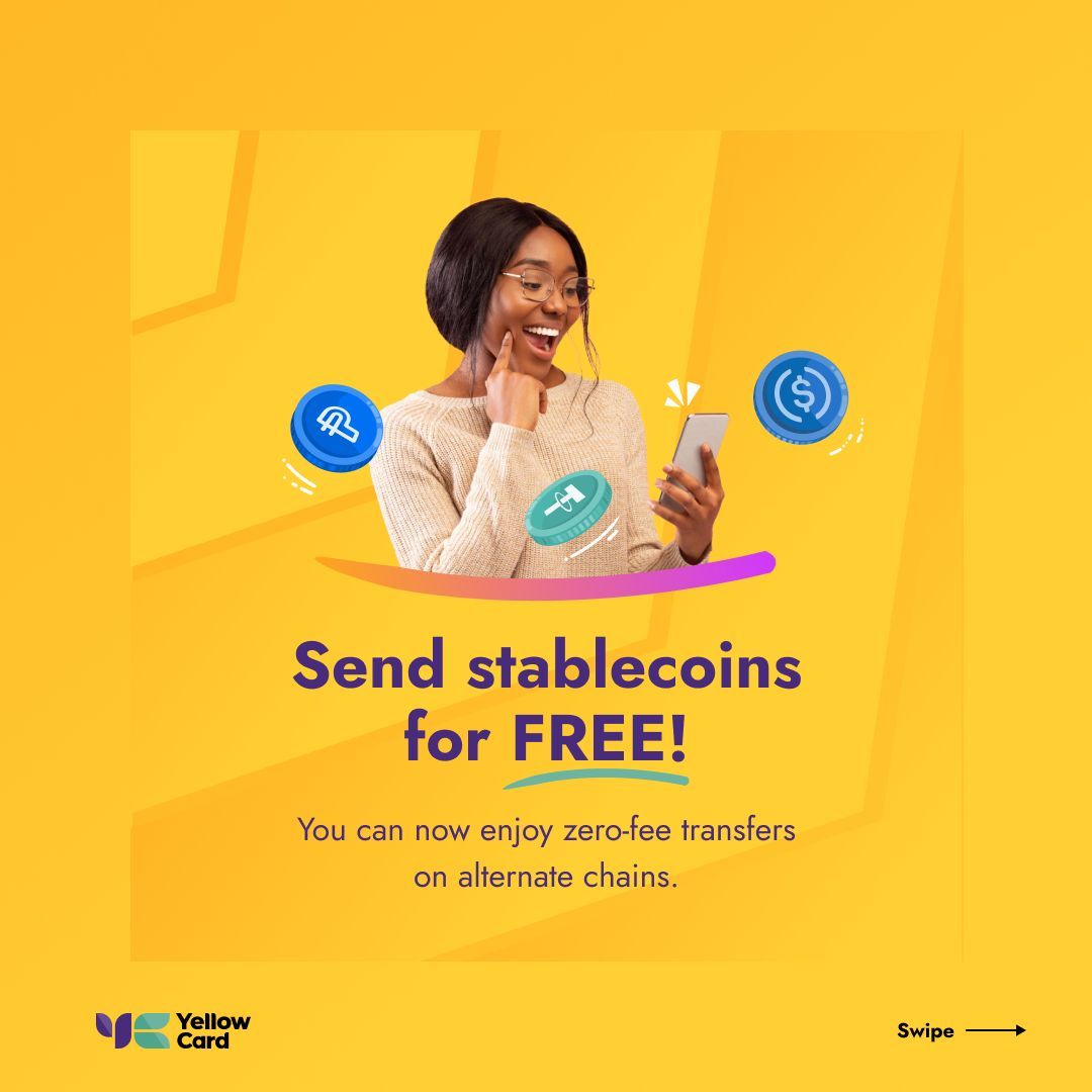 yellowcard_app's tweet photo. 🚀 Send Stablecoins for FREE! 💸
Now you can transfer stablecoins with zero fees using alternate chains on Yellow Card! 🎉 Fast, secure, and FREE—what’s better than that? 😎
Try it today and experience effortless transactions! #SendForFree #YellowCard #Stablecoins https://t.co/2dezdVT9ES