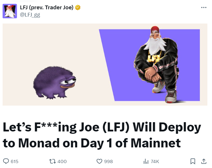 viiibe's tweet photo. This exchange has $21.1bn trading volume in 2024 alone.

They just released a statement to deploy on Monad.

WTF is LFJ?

1/9 https://t.co/ForjjNChNs