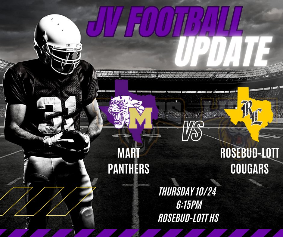 Mart JV Football will play Thursday vs. Rosebud Lott at Rosebud Lott High School.  Kick off is 6:15pm.