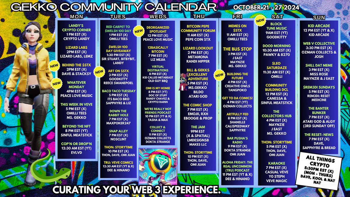 Ms_Gekko's tweet photo. 🦎ɢᴇᴋᴋᴏ ᴄᴏᴍᴍᴜɴɪᴛʏ ᴄᴀʟᴇɴᴅᴀʀ🦎

Over 4️⃣5️⃣ events carefully curated just for you! Keep up to date with the latest in music, art & crypto 👇

Newly Added:

ʙᴇʜɪɴᴅ ᴛʜᴇ $STX
Mondays @ 2pm EST (𝕏)
@DCBK2LA @Stacksybtc 

ᴡʜᴀᴛᴇᴠᴇʀ ᴍᴏɴᴅᴀʏ!
Mondays @ 4pm EST (𝕏)
@PeaceLoveMusicG 

ᴀʀᴛ ᴏɴ $STX
Tuesdays @ 3pm EST (𝕏)
@thiskittyisgood @ReeceSwanepoel 

ᴅᴇᴏʀɢᴀɴᴢɪᴇᴅ ꜱᴘᴏᴛʟɪɢʜᴛ
Wednesdays @ 12pm EST (𝕏)
@PeaceLoveMusicG 

ʙᴜɪʟᴅɪɴɢ ᴛʜᴇ ꜰᴜᴛᴜʀᴇ
Fridays @ 4pm EST (𝕏)
@MyCreativeOwls @tangpoko 

ʙʟᴏᴄᴋᴛᴜɴᴇ ᴍᴜꜱɪᴄ
Saturdays @ 9am EST (YT)
@thiskittyisgood