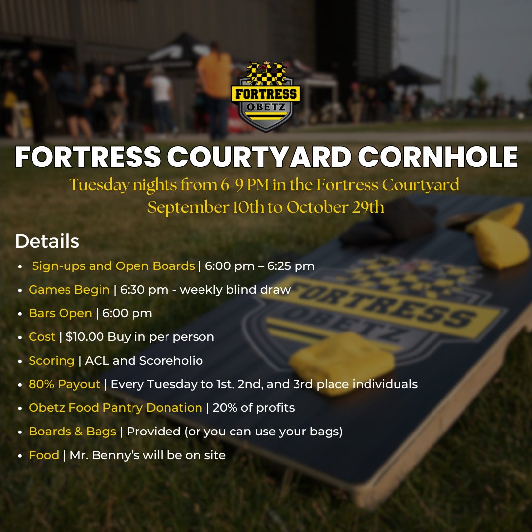 🎯🔥 Ready to toss your way to victory? Join us tomorrow night for the Fortress Cornhole League in the Fortress Courtyard! 

Whether you’re a seasoned pro or just looking for some fun, everyone’s welcome. 🙌
#FortressCornholeLeague #ObetzEvents #GameOn