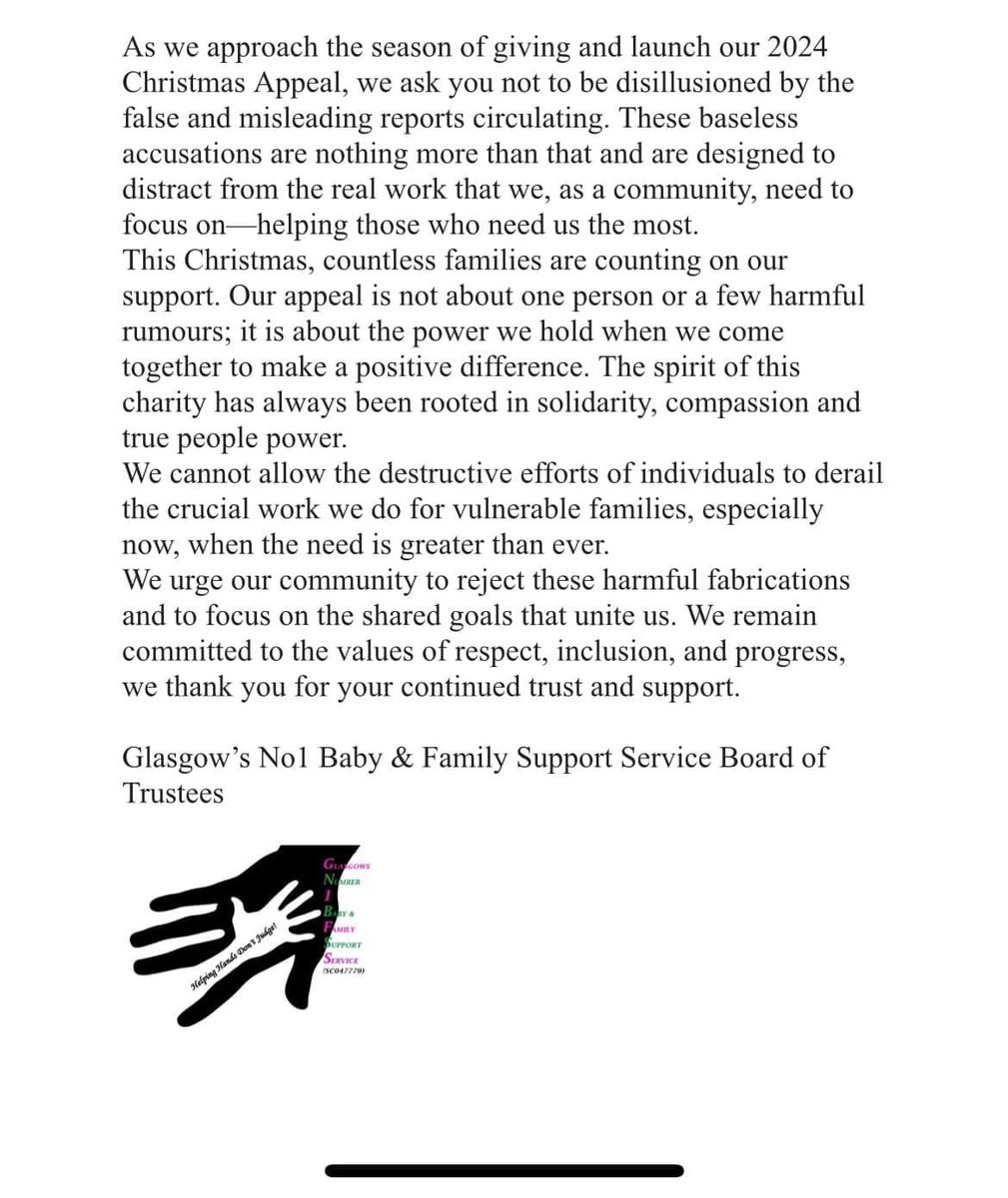 I stand by <a href="/CllrDempsey/">Cllr Audrey Dempsey</a> and her charity <a href="/GN1BFSS/">GN1BFSS</a> who have been dragged in to a web of wrongful racism claims against Audrey, their founder. 

Let’s all support them in their Christmas appeal which will collect thousands of presents for those families in Glasgow who struggle at