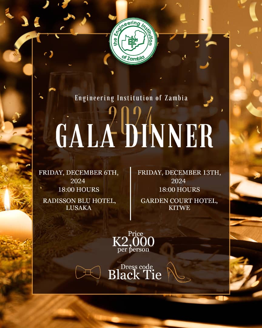 Ending 2024 in style! ✨🥂 
2 gala nights filled with music, laughter &amp; song await in Lusaka and Kitwe. Secure your spot! 🎶

🎟️ Tickets:
Tickets available at the Engineering House, Showgrounds, Lusaka &amp; Northern Region office, Kitwe.

RSVP now! 📞 +260 960 373 849