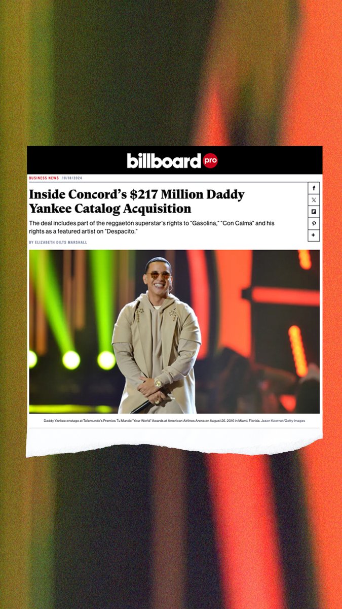 Today we are ecstatic to announce that we have acquired parts of the music publishing and recorded music catalog of reggaetón superstar Daddy Yankee, including the songs “Gasolina,” “Con Calma,” and “Despacito”

Read More: billboard.com/pro/concords-b…
 
#DaddyYankee #gasolina #concord