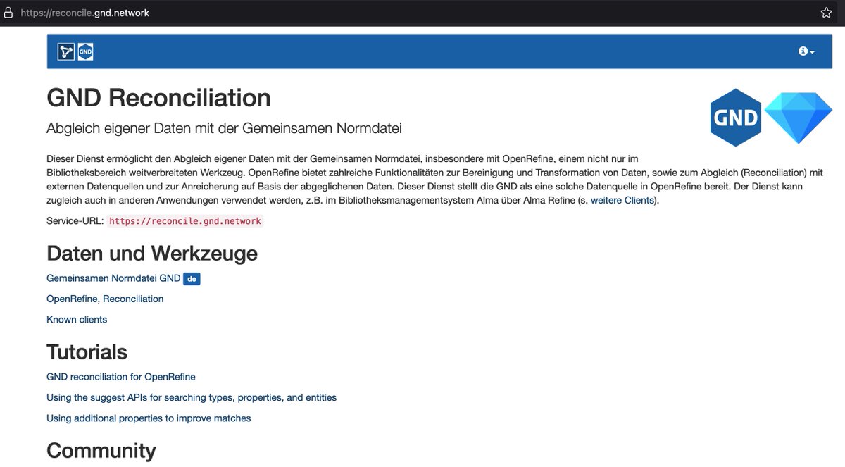 Von vielen gewünscht und nun auch erkennbar als Angebot von GND.network der GND reconciliation service von <a href="/lobidOrg/">@lobid@openbiblio.social</a> am <a href="/hbz_NRW/">hbz NRW</a> . Bitte nutzen, denn Normdaten verbessern Ihre Forschungs- oder Sammlungsdaten sofort: gnd.network/Webs/gnd/DE/En…