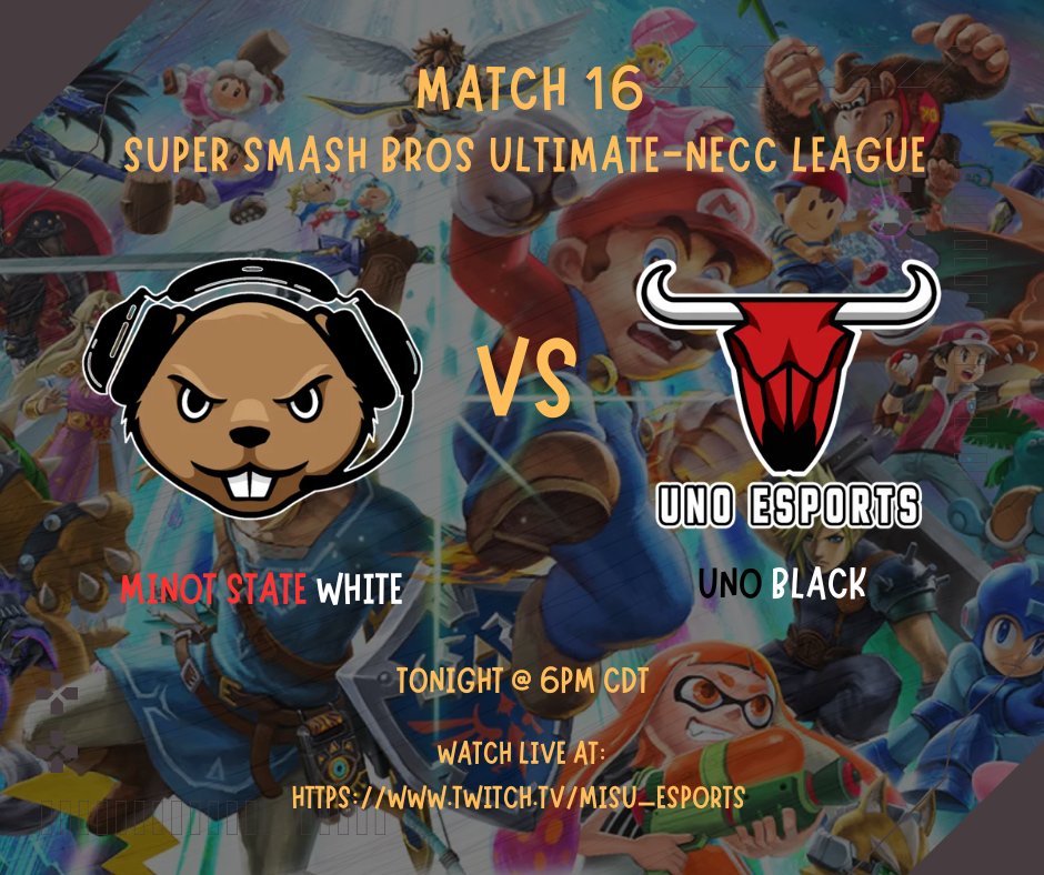 Tonight at 6PM! Tune in to watch Minot State Esports Super Smash Bros Team go against the University of Nebraska Omaha++++

You can watch the match live at:
twitch.tv/misu_esports

++++