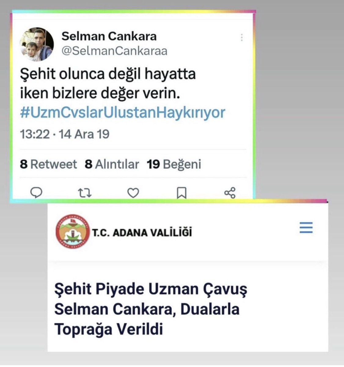 Şehadete eren #UzmanÇavuş Selman Cankara’da şehit olmadan özlük haklarını istedi.
Vermediniz,oyaladınız,Çalışma var dediniz çalışmanız bir türlü bitmedi.
Bu kahramanlar canlarıyla kanlarıyla görev yapıyor.
Başka kesimler gibi değil  şehitlerin yol arkadaşı gazilerle kader