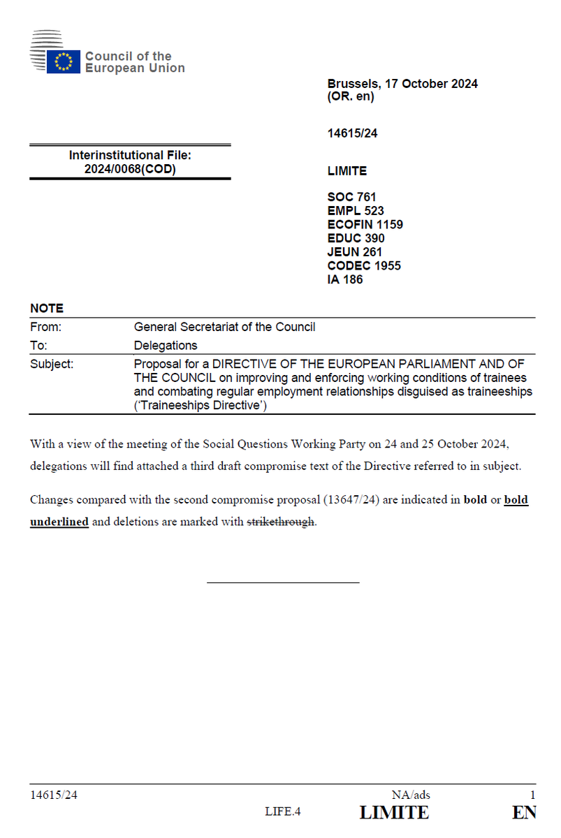 🚨 The Hungarian Presidency is revisiting the #Traineeship directive in the <a href="/EUCouncil/">EU Council</a> this week!

Key changes: narrowing scope by excluding active labor market polices &amp; a murky rebrand on bogus traineeships.

Will it clash with the Commission’s approach? 

Stay tuned!