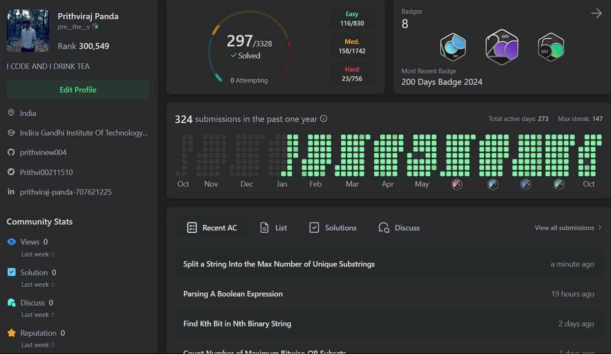 Prithvi00211510's tweet image. Day 273 of #LeetCode Problem of the Day: Split a String Into the Max Number of Unique Substrings 💡🔗. Coding consistency continues! #LeetCodeChallenge #100DaysOfCode