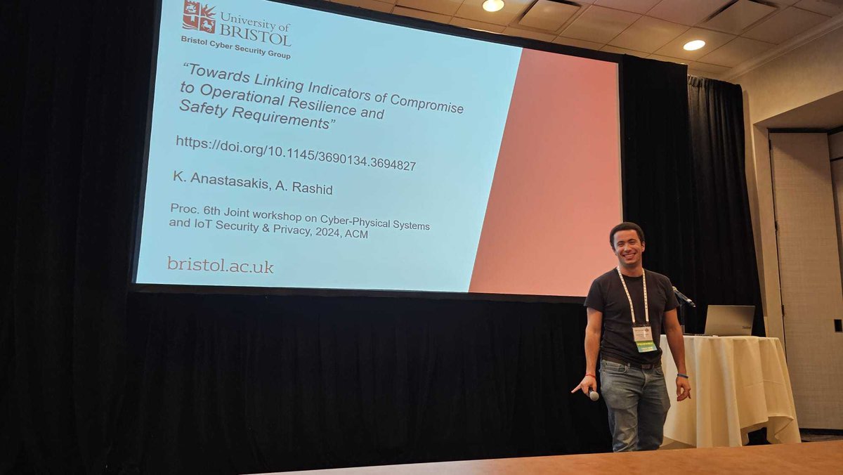 CyberSecCDT's tweet image. Great to see a few photos of Kostas presenting their paper "Towards Linking Indicators of Compromise to Operational Resilience and Safety Requirements" (with prof. Awais Rashid) at CPS&IoT Security and Privacy (CPSIoTSec) last week