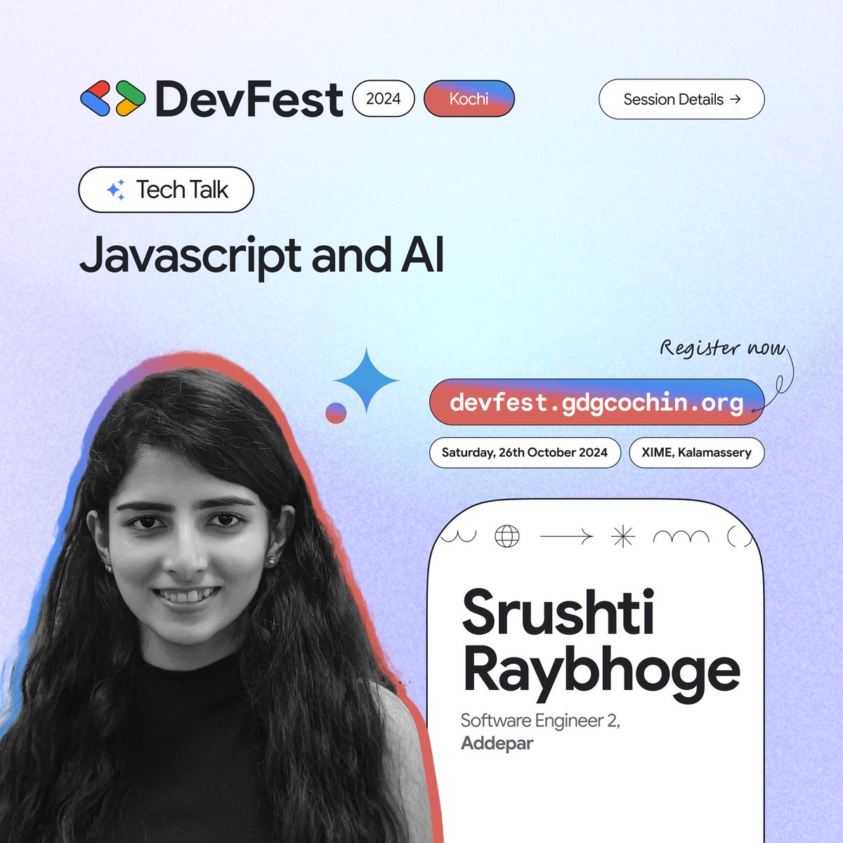 GDGCochin's tweet image. Excited about AI in JavaScript? 🤖💡
Join Srushti Raybhoge at #DevFest2024Kochi to explore frameworks like TensorFlow.js, Keras.js, and Brain.js! Learn how JS devs can easily integrate AI into real-world apps! 🚀 
#AIinJS #TensorFlowJS #GDE #AIInDevelopment #NammudeDevfest