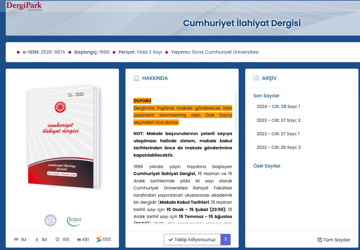 Dergipark sayfamız teknik bir problemden ötürü takip edilemiyor iken Yardım Masası nezdindeki teşebbüsümüz neticesinde problem giderilmiştir. Cumhuriyet İlahiyat Dergisi sayfamız an itibarıyla takip edilebilmektedir. 

Takip etmeniz dileğiyle bilginize.

dergipark.org.tr/tr/pub/cuid