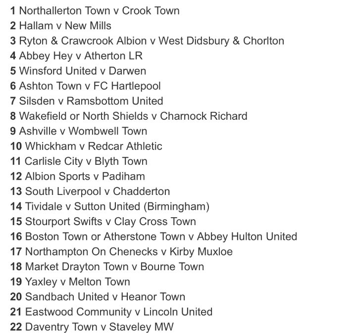 Ollie_Bayliss's tweet photo. The draw for the FA Vase 2nd Round has been made.

Ties will take place on Saturday 9 November.

Winning teams will get £900, while losing clubs receive £275. https://t.co/7id3zYL38T