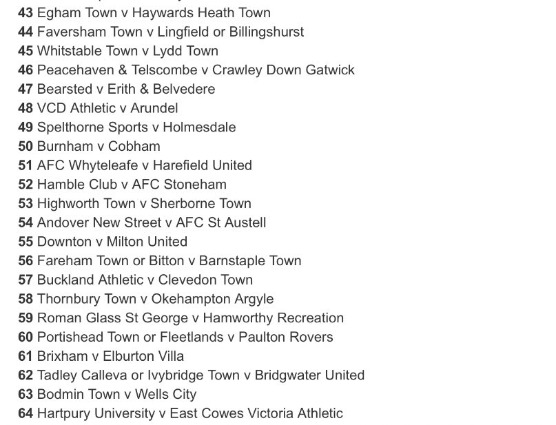 Ollie_Bayliss's tweet photo. The draw for the FA Vase 2nd Round has been made.

Ties will take place on Saturday 9 November.

Winning teams will get £900, while losing clubs receive £275. https://t.co/7id3zYL38T