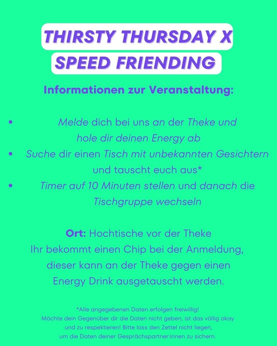 AKAFÖ (@akafoe) on Twitter photo Thirsty Thursday x Speed Friending
Am Donnerstag, den 24.10. findet unser Thirsty Thursday wieder statt. Gemeinsam mit Red Bull haben wir die Möglichkeit an die ersten 100 Studis kostenlose Red Bull Dosen zu verschenken. Thirsty Thursday x Speed Friending
Am Donnerstag, den 24.10. findet unser Thirsty Thursday wieder statt. Gemeinsam mit Red Bull haben wir die Möglichkeit an die ersten 100 Studis kostenlose Red Bull Dosen zu verschenken.