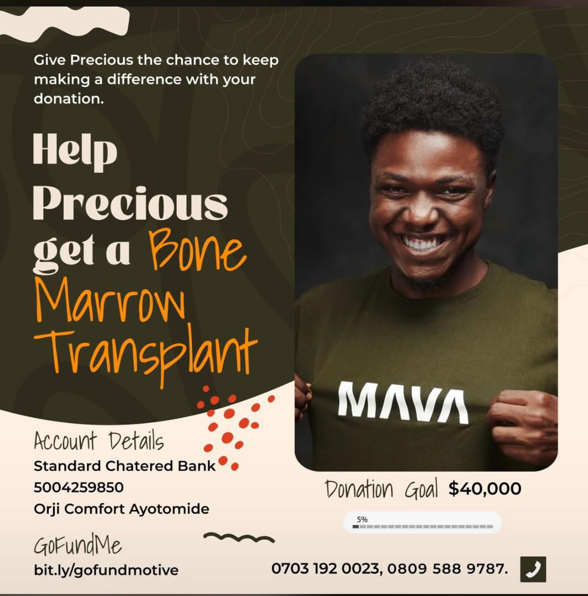 thetoki_'s tweet photo. Help Precious Get the Bone Marrow Transplant He Needs.

We are seeking your support to save our friend, who urgently needs a $40,000 bone marrow transplant. With your help, we believe we can raise this amount. https://t.co/xOfMppFsG3