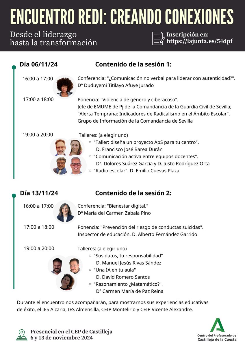 💡No olvides solicitar tu plaza para el 
"II ENCUENTRO 𝐑𝐄𝐃𝐈: CREANDO CONEXIONES. DESDE EL LIDERAZGO HASTA LA TRANSFORMACIÓN" organizado por el <a href="/cepcastilleja/">CEP Castilleja</a> 

📝 Más información y solicitudes hasta el 30/10/2024 en: lajunta.es/54dpf ✅