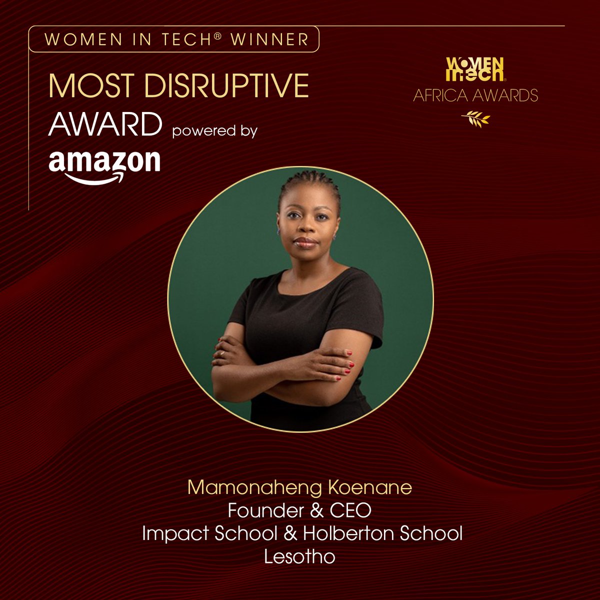 WomenInTechOrg's tweet image. Congratulations to the winner of the Most Disruptive Award powered by Amazon, Mamonaheng Koenane 🏆 . This award recognizes a woman who has made a significant impact in the technology sector through groundbreaking innovation. The recipient has introduced revolutionary ideas,…