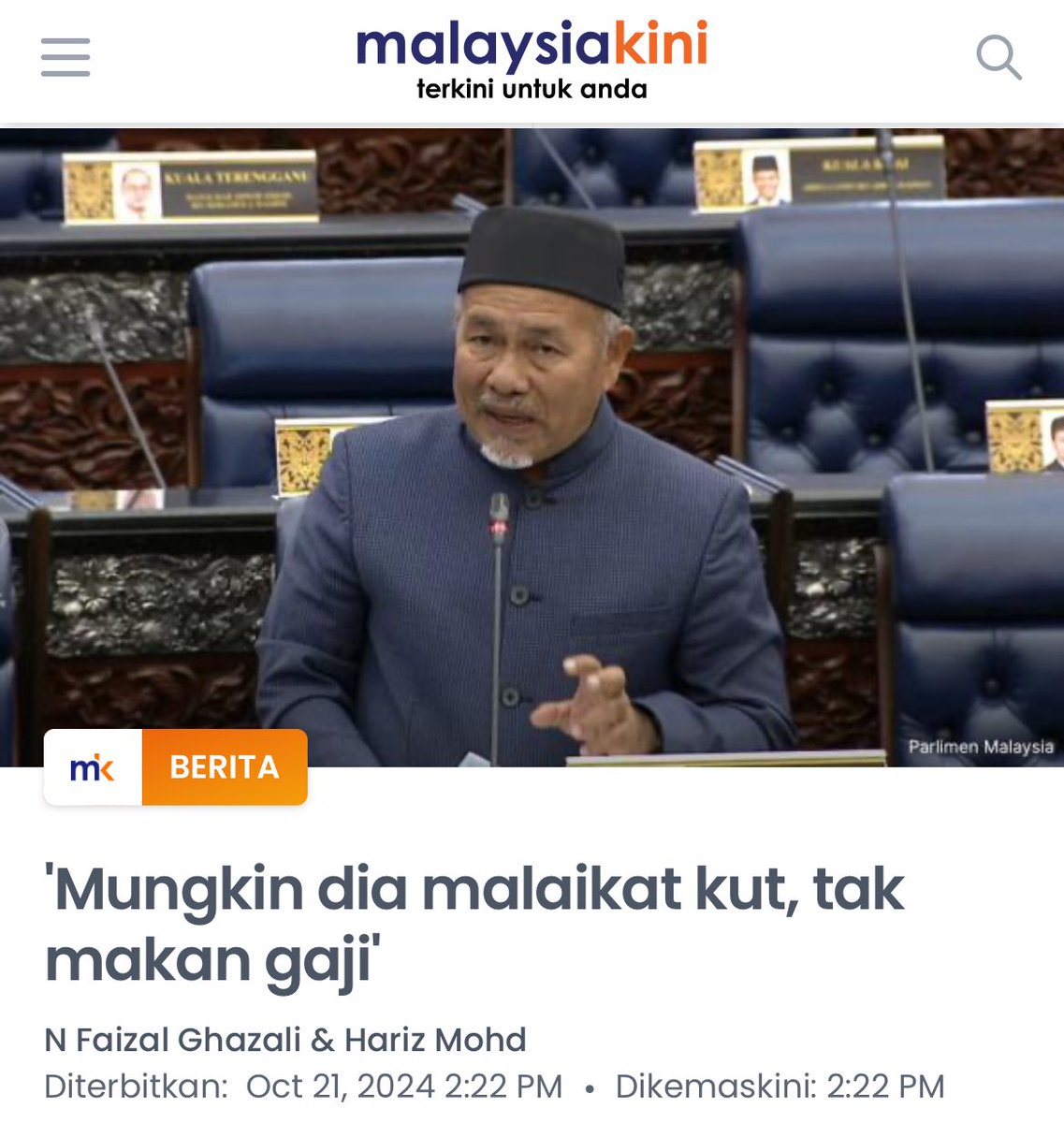 SyedAkramin's tweet photo. Kalau buat kerja tapi tak ambil gaji, kena sindir sebagai malaikat.

Bagaimana yang ambil gaji tapi tak buat kerja? Jadi ahli parlimen tapi selalu ponteng sidang parlimen. Takkan setan kot? https://t.co/K1V8A1xL0D