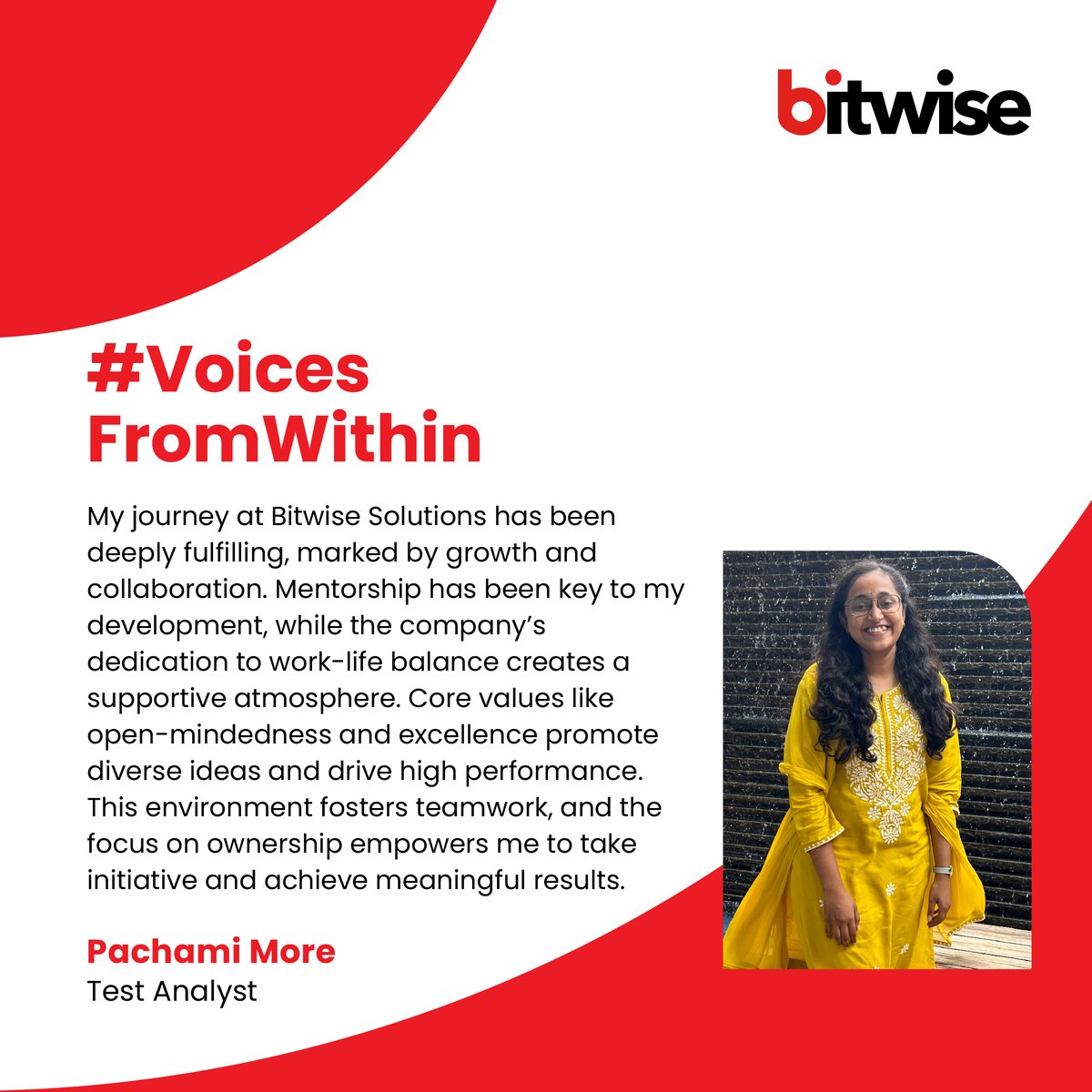 Bitwise_Updates's tweet image. Check out Panchami More&apos;s journey in #VoicesFromWithin! Mentorship, collaboration, and a strong focus on work-life balance have empowered her growth at Bitwise. Learn more about the values that drive #LifeAtBitwise here: bit.ly/40bsNr0

#VoicesFromWithin #bitwise