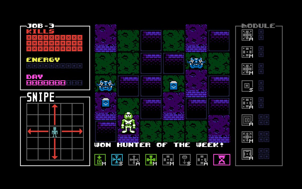 #JustBeatIt <a href="/polykill/">polykillpodcast.bsky.social</a> Bug Hunter (UFO50). Great procedurally generated, gridbased skillbuilder rougelike. Collect energy cubes to change starting movement and attack skills to better ones. Kill 15 monsters in 10 rounds per level. Don't let them evolve to eggs. Otherwise game over