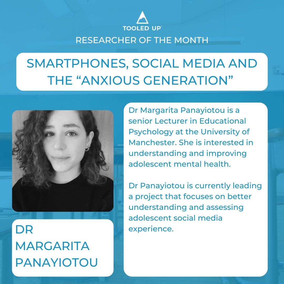 Have smartphones and social media led to an anxious generation?

We were fascinated to learn about Dr Margarita Panayiotou's work (@drMargarita_KP) at the University of Manchester. Read about her research into adolescent mental health and digital life: tooledupeducation.com/news/have-smar…