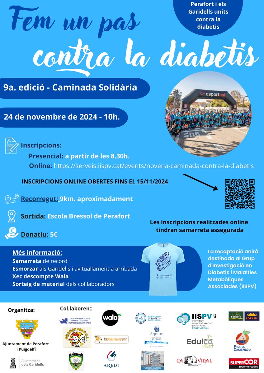irbcatsud's tweet image. 🚶👪Vine amb la família a la caminada solidària per recaptar fons per investigar la #diabetis
📢Diumenge 24 novembre | 10h
📍Escola bressol Perafort
Inscriu-t'hi:
➡️bit.ly/3UFucmr
➡️El mateix dia a partir 8:30h a l’escola bressol
#IISPV ➕ajuntaments #Perafort #Garidells