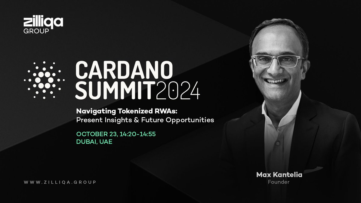 #Zilliqa group will be attending #CardanoSummit2024 on Oct 23-24! 🇦🇪

Catch Max Kantelia on a panel about tokenising Real-World Assets (RWAs) and learn how our partnership with @EMURGO_io is driving interoperability between Zilliqa 2.0 &amp; Cardano networks.  

Stay tuned for