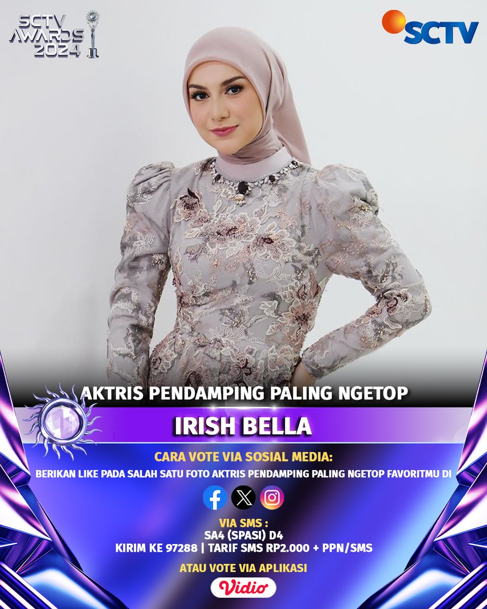 SCTV's tweet photo. Yuk, dukung Irish Bella untuk menjadi "Aktris Pendamping Paling Ngetop" dengan cara follow akun social media SCTV dan like foto ini, ya!
#VoteSA2024 #SA4 #SA2024IrishBella #SCTVAwards2024 #SCTVSpesial https://t.co/A9lO8bFmEs