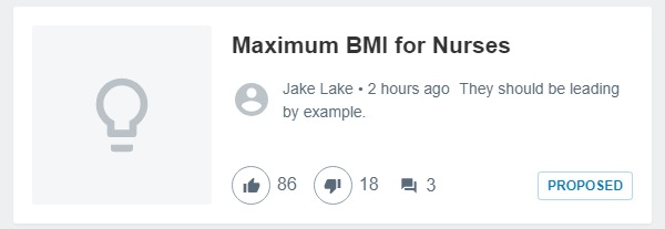 PolitlcsUK's tweet photo. 🚨 NEW: The current most liked suggestion on the NHS consultation site is a maximum BMI for nurses 

You can submit your feedback here: https://t.co/rqf1d3pMg4 https://t.co/ABMxkcaPnd