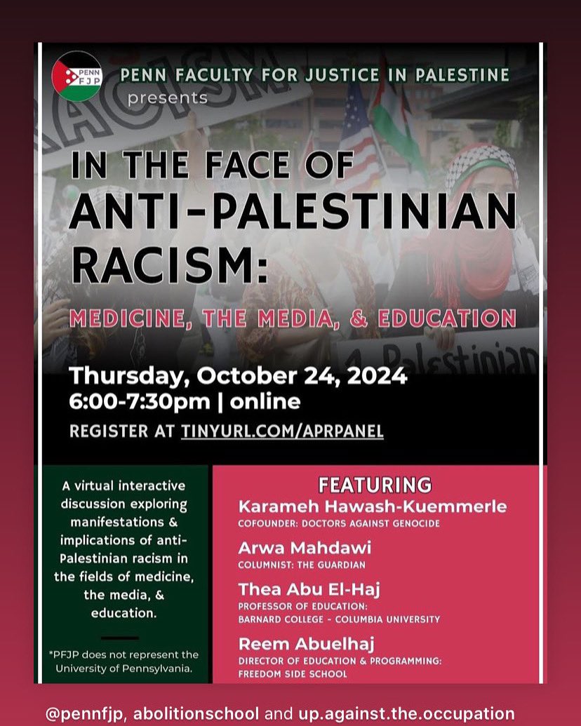 IN THE FACE OF ANTI-PALESTINIAN RACISM
Oct 24, 6-7:30pm register here 

tickettailor.com/events/pennfjp…
