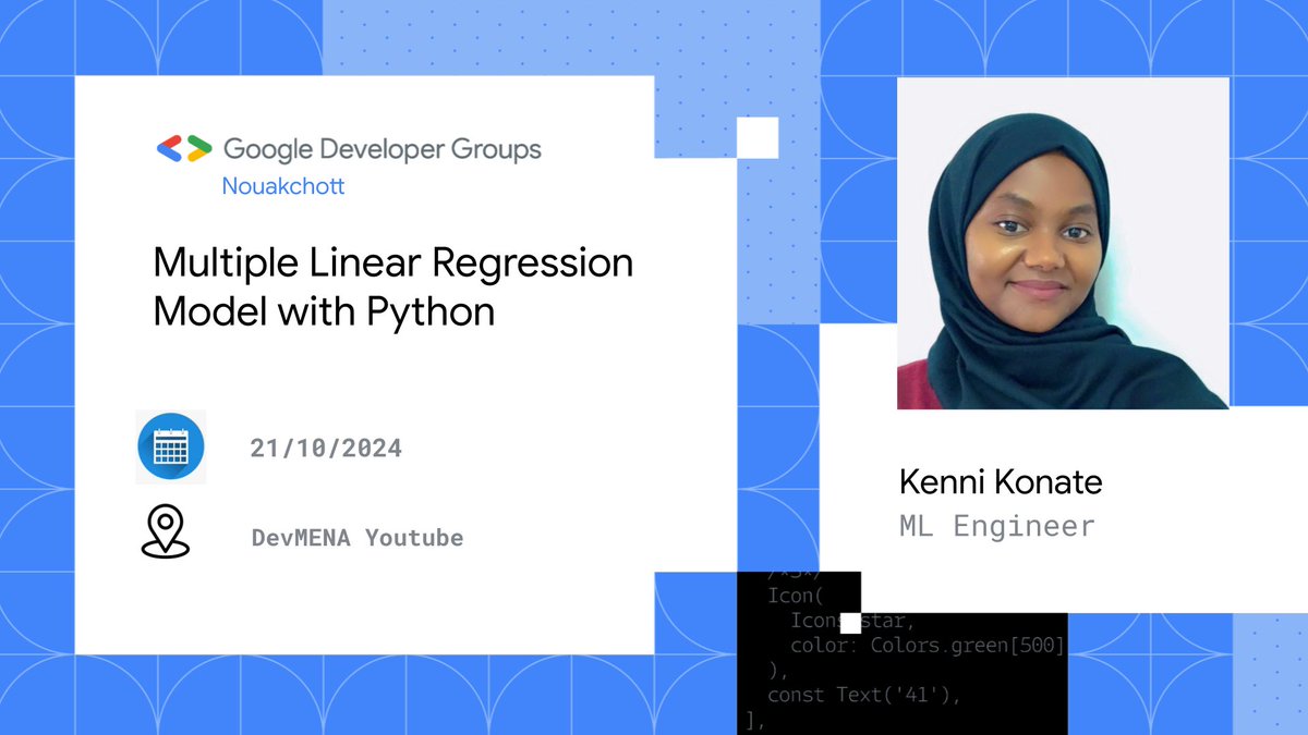 MLNouakchott's tweet photo. Join us today evening to explore "Multiple Linear Regression Model" with our speaker Kenni Konate (@eng_kenni), the session hosted by Dev MENA

Registration: https://t.co/UxZNT3rlWL
When: 21/10/2024 at 4pm GMT
Where: https://t.co/CSvH74cwGR https://t.co/oaCqjw4TBf