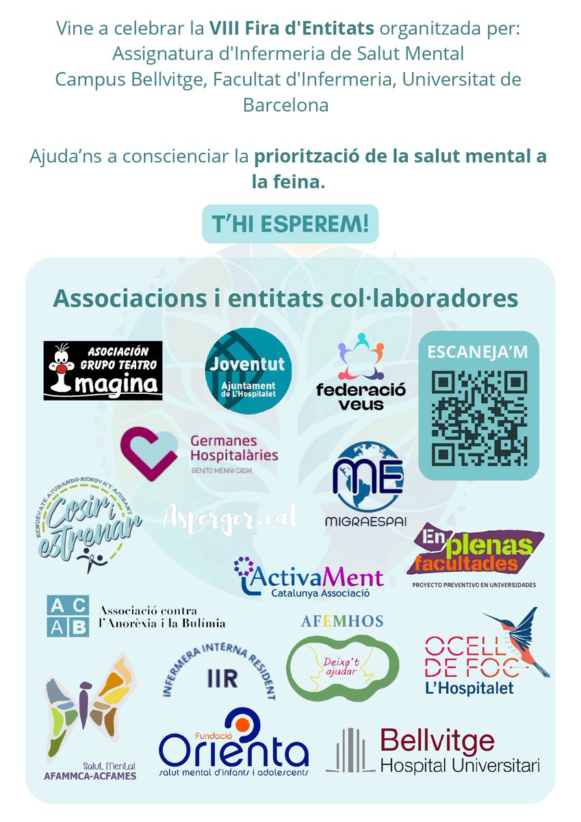 #FiraEntitats| El proper dijous celebrem la VIII Fira d’Entitats, una activitat organitzada per alumnat i professorat de la #FI, i amb la col·laboració de diferents entitats que vetllen per la cura de la salut mental.

📆24/10
🕐 De 12 a 16h
📍Campus Bellvitge

Us hi esperem!