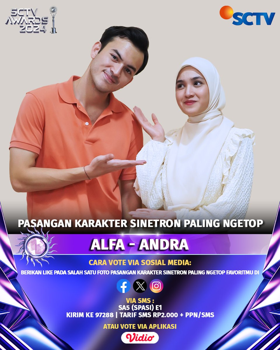 SCTV's tweet photo. Yuk, dukung Alfa - Andra untuk menjadi "Pasangan Karakter Sinetron Paling Ngetop" dengan cara follow akun social media SCTV dan like foto ini, ya!

#VoteSA2024 #SA5 #SA2024AlfaAndra #SCTVAwards2024 #SCTVSpesial https://t.co/am3GldsLXf