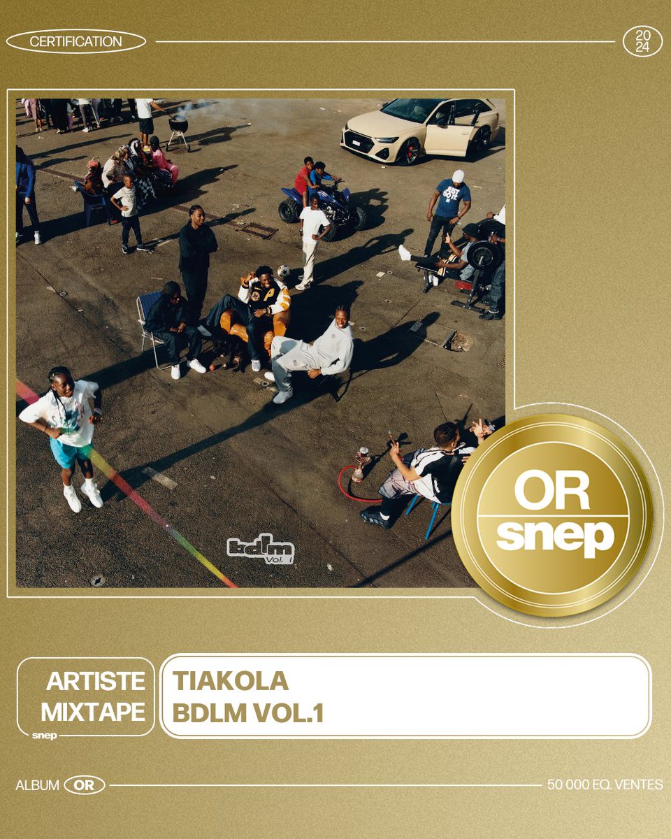 La mixtape « BDLM Vol. 1 » de Tiakola est certifiée Album Or ! 📀

50 000 équivalents ventes 📈

Bravo ! 👏