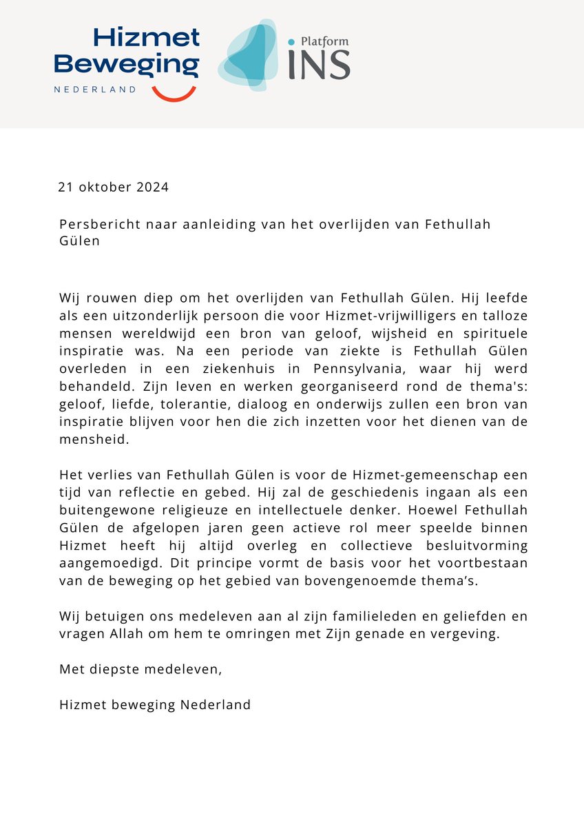 Persbericht naar aanleiding van het overlijden van Fethullah Gülen