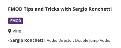 I'm going to <a href="/GameSound/">Brian Schmidt</a> next week 😃 - who else is going this year??

Gonna be leading several workshops for the good people at <a href="/fmodstudio/">FMOD</a> across both days too!