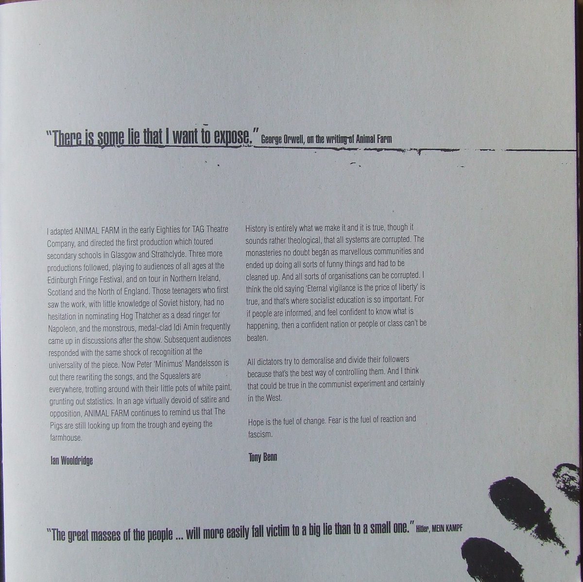Brian Thompson (@eyeofjapetus) on Twitter photo From the theatre programme for the brilliant touring production of Animal Farm in 1996 Northern Stage. <a href="/alanlydd/">Alan Lyddiard</a> From the theatre programme for the brilliant touring production of Animal Farm in 1996 Northern Stage. <a href="/alanlydd/">Alan Lyddiard</a>