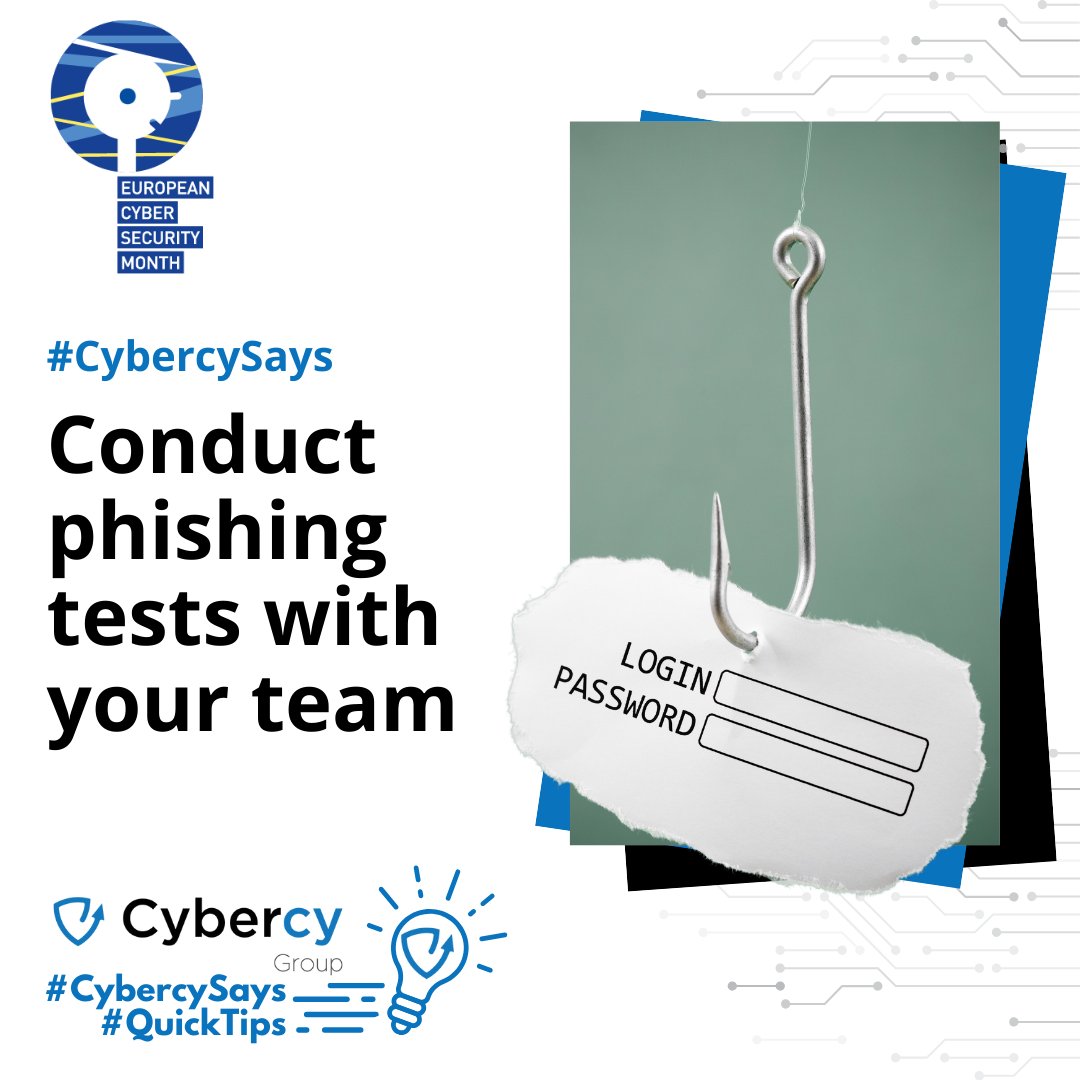 Our #CyberSecMonth daily #QuickTip to improve your security!

#CybercySays why not conduct a phishing test with your team? It can be a great way to engage them in training and show them what to look for in a practical way.

#CyberSecurityMonth #FollowForMoreTips through the month