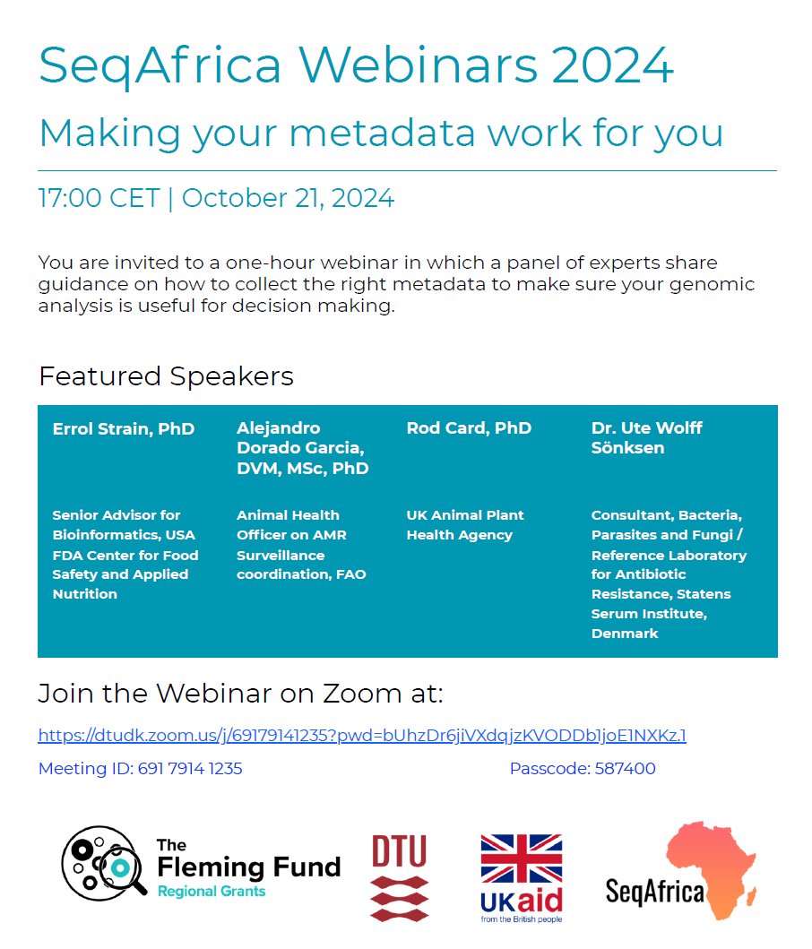 SEQAFRICA (@africaseq) on Twitter photo Join us today at 17:00 CEST for a webinar on #metadata for #WGS! We'll be joined by ErrolStrain from <a href="/US_FDA/">U.S. FDA</a> , @ADoradoGarcia from <a href="/FAO/">Food and Agriculture Organization</a> , Rod Card from the UK Animal Plant Health Agency and Ute Wolff Sönksen from <a href="/SSI_dk/">Statens Serum Institut</a> ! You'll find us all on Zoom at: dtudk.zoom.us/j/69179141235?… Join us today at 17:00 CEST for a webinar on #metadata for #WGS! We'll be joined by ErrolStrain from <a href="/US_FDA/">U.S. FDA</a> , @ADoradoGarcia from <a href="/FAO/">Food and Agriculture Organization</a> , Rod Card from the UK Animal Plant Health Agency and Ute Wolff Sönksen from <a href="/SSI_dk/">Statens Serum Institut</a> ! You'll find us all on Zoom at: dtudk.zoom.us/j/69179141235?…