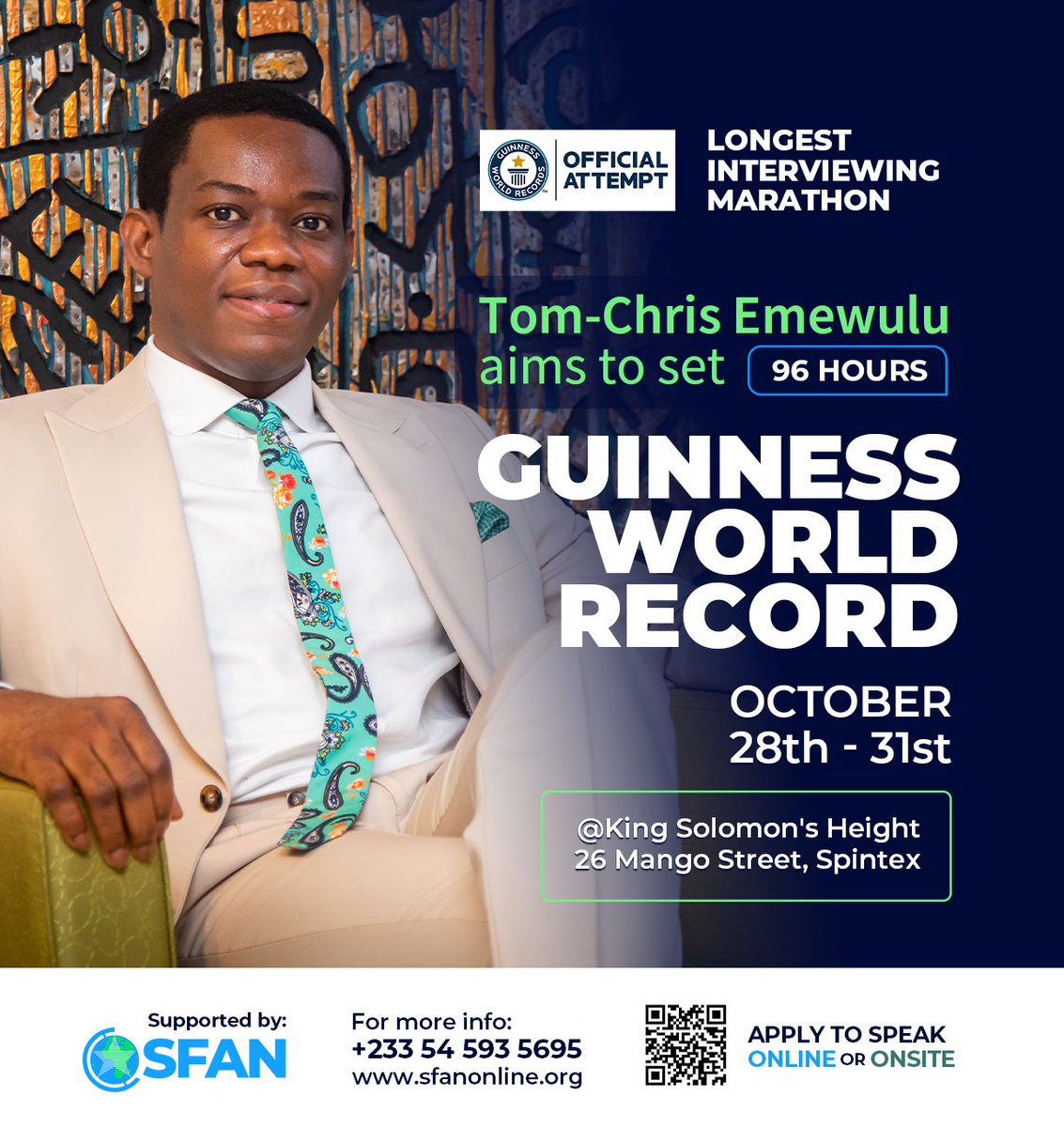 archurst's tweet photo. Hello World, I'll be speaking at #GSEW24 on 29th October 2024, as @tomchrisemewulu attempts a @GWR for the longest interviewing marathon. @sfanonline #TomChrisBreaksGWR https://t.co/qnFPGQOLqF