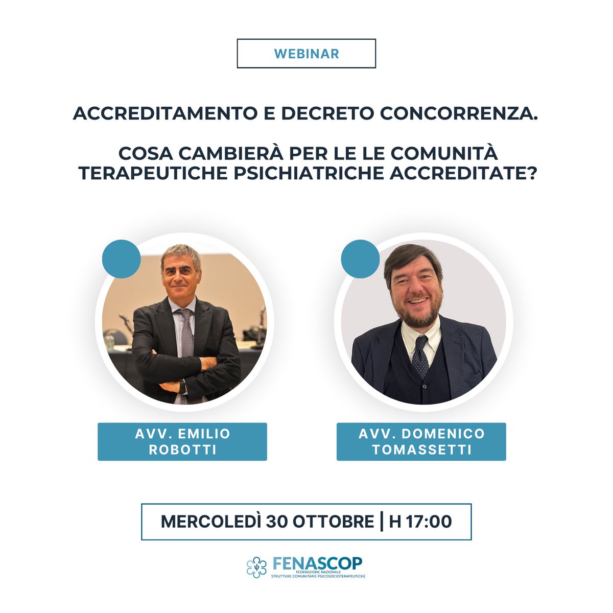 fenascop's tweet photo. 📢 Webinar Fenascop mercoledì 30 ottobre ore 17.00 - Accreditamento e Decreto Concorrenza. Cosa cambierà per le le Comunità terapeutiche psichiatriche accreditate?

Trovate il link nell'area riservata myFenascop! https://t.co/HJXP5hqEts https://t.co/9K2jy99dmy