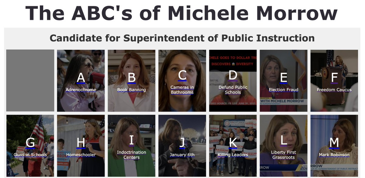 My opponent consistently spreads conspiracy theories &amp; bullies those who disagree with her. 

She’s unfit to be a role model for North Carolina’s 1.3 million children in public schools. 

From A to Z, here’s a list of reasons why:
abcmorrow.com