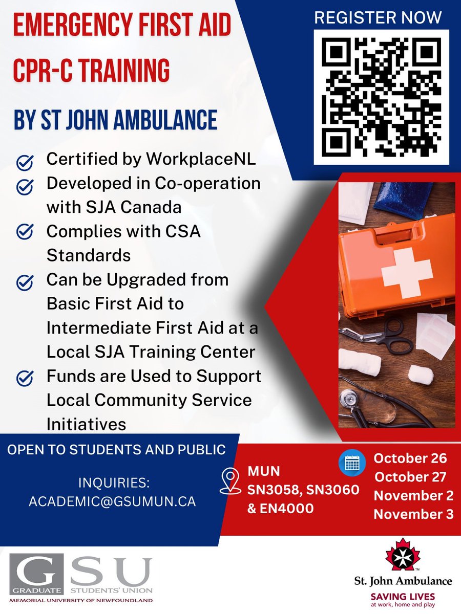 GSUMUN (@gsumun) on Twitter photo Hi Everyone,
We are excited to announce that GSU and St. John Ambulance (SJA) Canada have partnered up to offer full-day Emergency First Aid & CPR-C training sessions.
Registration Link : forms.gle/5AzkUi8AJ1r6CB…
For any inquiries please reach out to academic@gsumun.ca. Hi Everyone,
We are excited to announce that GSU and St. John Ambulance (SJA) Canada have partnered up to offer full-day Emergency First Aid & CPR-C training sessions.
Registration Link : forms.gle/5AzkUi8AJ1r6CB…
For any inquiries please reach out to academic@gsumun.ca.