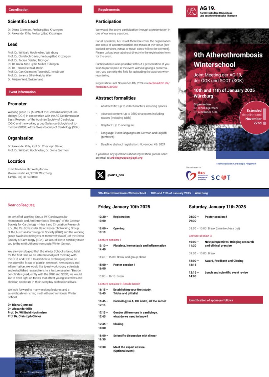 AG 19 - Kardiovask. Hämostase/antithromb. Therapie (@ag19_dgk) on Twitter photo Das Programm unserer Winterschool steht. Ziel ist es junge Nachwuchsforscher und Doktoranden zu fördern und daher freuen wir uns unglaublich auf euch!
<a href="/DGK_org/">Deutsche Gesellschaft für Kardiologie</a> <a href="/AG4_DGK/">AG4 - Vaskuläre Biologie</a> <a href="/AGEP_DGK/">AGEP</a> <a href="/dzhk_germany/">DZHK Germany</a> <a href="/PG13_DGK/">PG13 - Frauen und Familie in der Kardiologie</a> <a href="/YoungDgk/">Young DGK</a> <a href="/Kardiophil/">Philipp Breitbart</a> <a href="/AGIKinterv/">AGIK</a> <a href="/AG14_DGK/">AG14 - Präventive und rehabilitative Kardiologie</a> <a href="/AG40_DGK/">AG40 - Onkologische Kardiologie</a> <a href="/AG31_DGK/">Arbeitsgruppe Kardiovaskuläre Regeneration (AG 31)</a> Das Programm unserer Winterschool steht. Ziel ist es junge Nachwuchsforscher und Doktoranden zu fördern und daher freuen wir uns unglaublich auf euch!
<a href="/DGK_org/">Deutsche Gesellschaft für Kardiologie</a> <a href="/AG4_DGK/">AG4 - Vaskuläre Biologie</a> <a href="/AGEP_DGK/">AGEP</a> <a href="/dzhk_germany/">DZHK Germany</a> <a href="/PG13_DGK/">PG13 - Frauen und Familie in der Kardiologie</a> <a href="/YoungDgk/">Young DGK</a> <a href="/Kardiophil/">Philipp Breitbart</a> <a href="/AGIKinterv/">AGIK</a> <a href="/AG14_DGK/">AG14 - Präventive und rehabilitative Kardiologie</a> <a href="/AG40_DGK/">AG40 - Onkologische Kardiologie</a> <a href="/AG31_DGK/">Arbeitsgruppe Kardiovaskuläre Regeneration (AG 31)</a>
