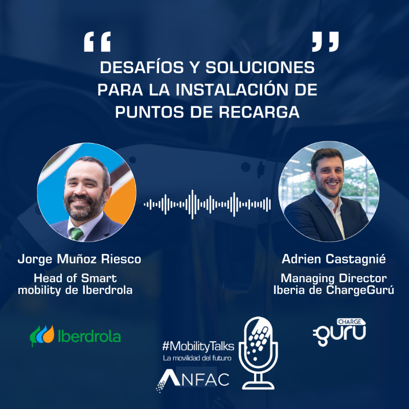 AnfacAutomovil's tweet photo. 🎙️ ¿Sabes cuántos puntos de recarga de coches eléctricos hay en España?
En el episodio de #MobilityTalks, exploramos el estado actual de los puntos de recarga y cómo instalar uno en tu hogar, con @AdrienCastagnie de #ChargeGurú y Jorge Muñoz Riesco de @iberdrola.